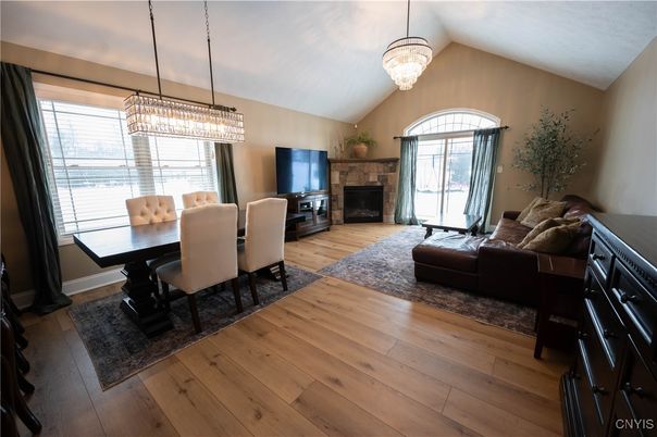 Chandelier, Dining room, Fireplace, Interior, Living room, Wood Texture Flooring