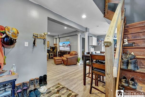 Dining room, Interior, Living room, Recessed Lighting, Wood Texture Flooring