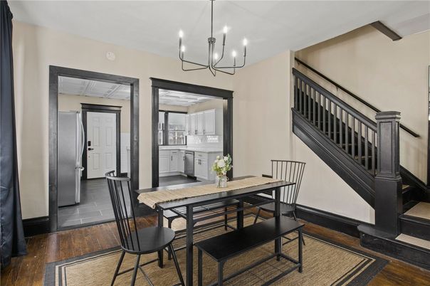 Chandelier, Dining room, Interior, Wood Texture Flooring