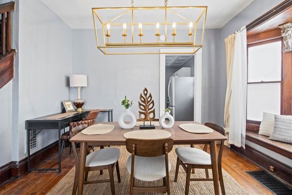 Dining room, Interior, Pendant Lights, Wood Texture Flooring