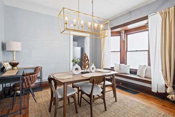 Dining room, Interior, Pendant Lights, Wood Texture Flooring