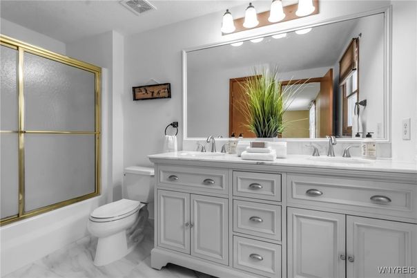 Bathroom, Dual Sink Vanities, Glass Shower, Interior, Marble