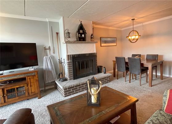 Dining room, Fireplace, Interior, Pendant Lights
