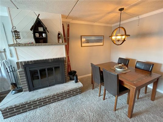 Dining room, Fireplace, Interior, Pendant Lights