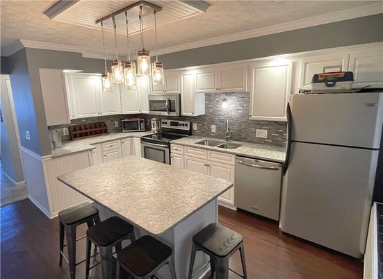 Interior, Kitchen, Pendant Lights, Stainless Steel Appliances, Wood Texture Flooring