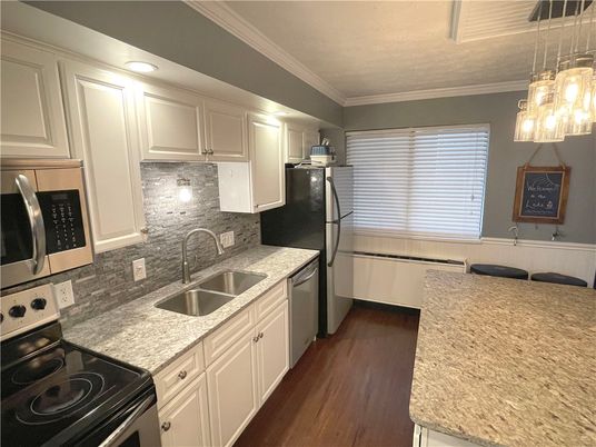 Interior, Kitchen, Pendant Lights, Recessed Lighting, Stainless Steel Appliances, Wood Texture Flooring