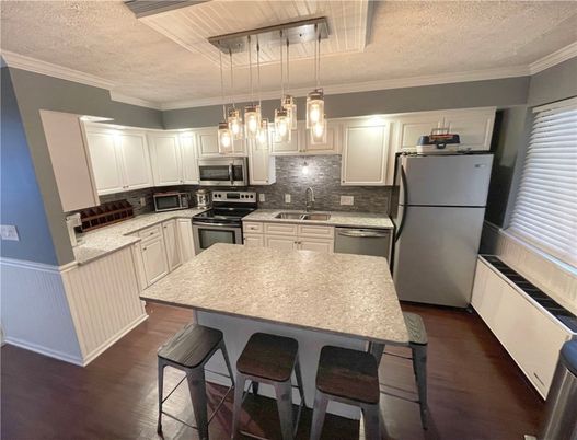 Interior, Kitchen, Pendant Lights, Stainless Steel Appliances, Wood Texture Flooring