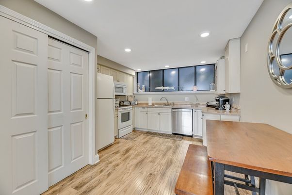 Interior, Kitchen, Recessed Lighting, Stainless Steel Appliances, Wood Texture Flooring