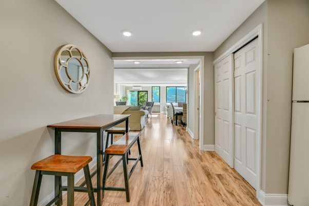 Dining room, Interior, Recessed Lighting, Wood Texture Flooring