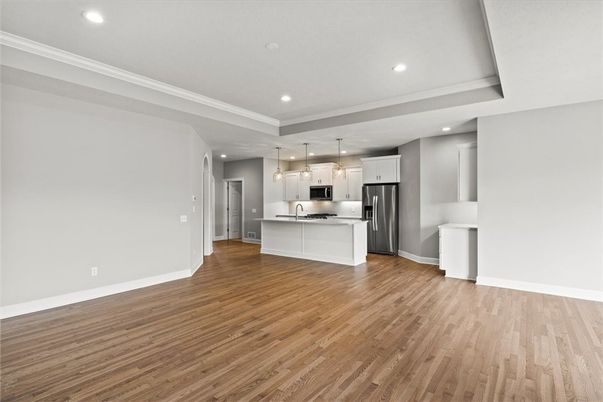 Interior, Kitchen, Pendant Lights, Recessed Lighting, Stainless Steel Appliances, Wood Texture Flooring