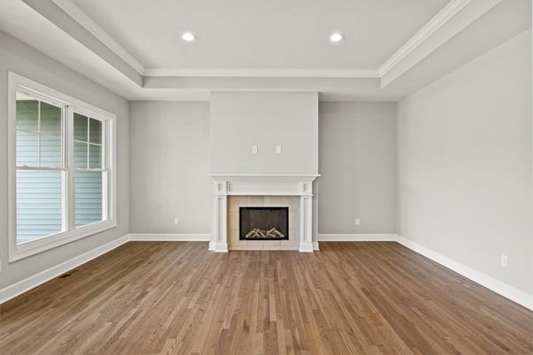 Empty room, Fireplace, Interior, Recessed Lighting, Wood Texture Flooring