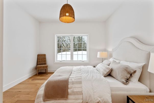 Bedroom, Interior, Pendant Lights, Wood Texture Flooring
