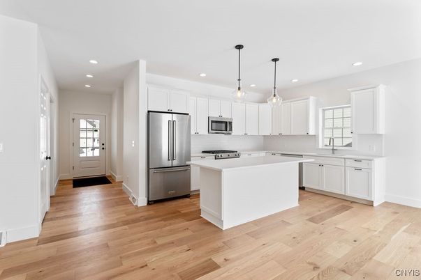 Interior, Kitchen, Pendant Lights, Recessed Lighting, Stainless Steel Appliances, Wood Texture Flooring
