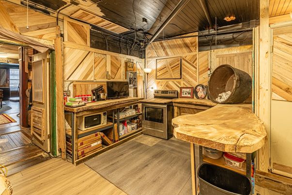 Interior, Kitchen, Pendant Lights, Wooden Ceilings, Wood Texture Flooring, Wooden Walls