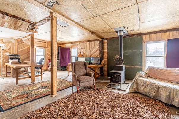 Fireplace, Home Office, Interior, Wood Texture Flooring, Wooden Walls