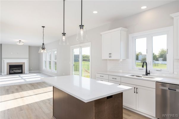 Fireplace, Interior, Kitchen, Pendant Lights, Recessed Lighting, Stainless Steel Appliances, Wood Texture Flooring