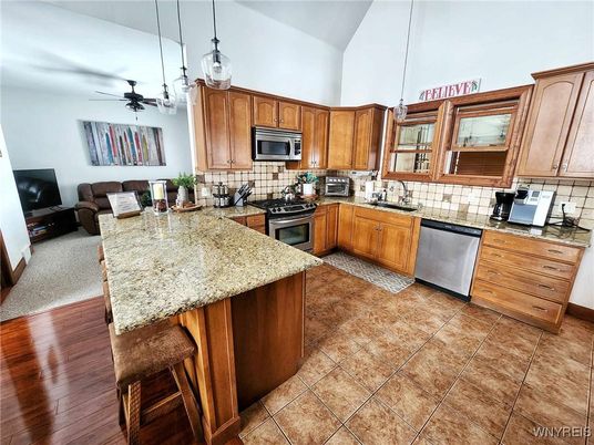 Interior, Kitchen, Pendant Lights, Stainless Steel Appliances, Wood Texture Flooring
