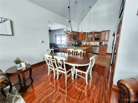 Dining room, Interior, Kitchen, Pendant Lights, Wood Texture Flooring