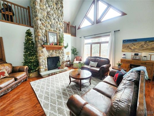Fireplace, Interior, Living room, Stone Walls, Wood Texture Flooring