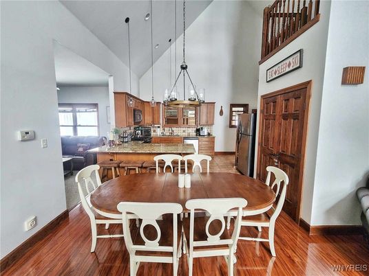 Dining room, Interior, Kitchen, Pendant Lights, Wood Texture Flooring