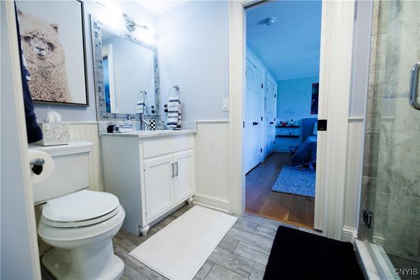 Bathroom, Glass Shower, Interior, Wood Texture Flooring