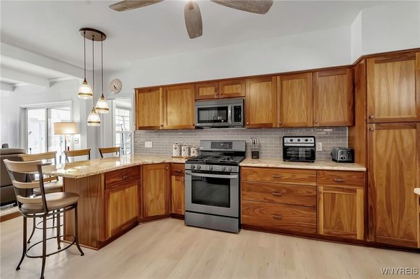 Interior, Kitchen, Pendant Lights, Stainless Steel Appliances, Wood Texture Flooring