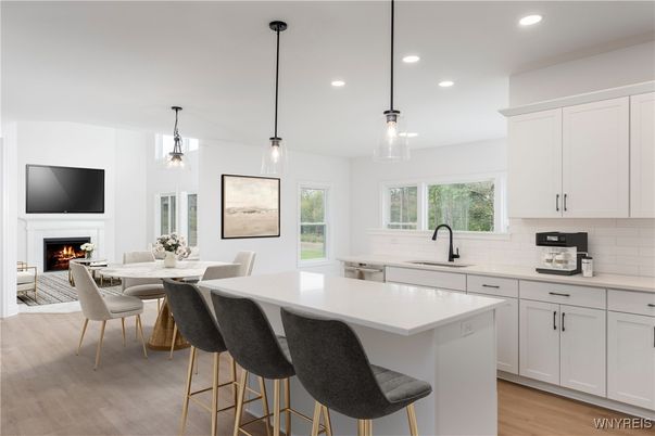 Dining room, Fireplace, Interior, Kitchen, Pendant Lights, Recessed Lighting, Wood Texture Flooring