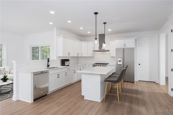 Interior, Kitchen, Pendant Lights, Recessed Lighting, Stainless Steel Appliances, Wood Texture Flooring