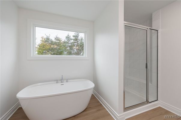 Bathroom, Free Standing Baths, Glass Shower, Interior, Wood Texture Flooring