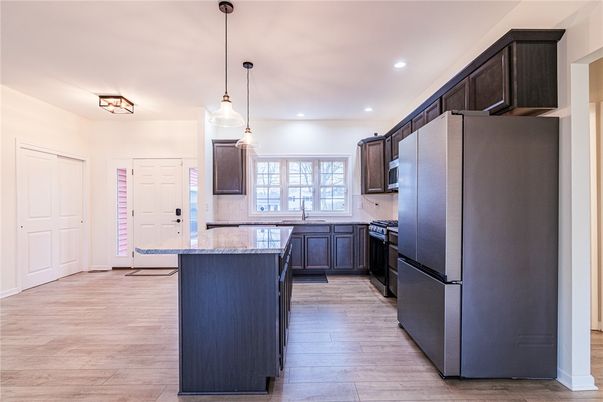 Interior, Kitchen, Pendant Lights, Recessed Lighting, Wood Texture Flooring