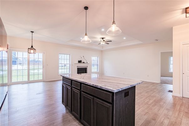 Fireplace, Interior, Kitchen, Pendant Lights, Recessed Lighting, Wood Texture Flooring