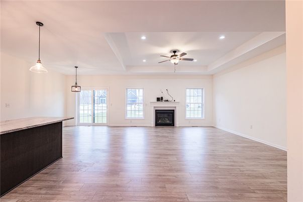 Empty room, Fireplace, Interior, Pendant Lights, Recessed Lighting, Wood Texture Flooring