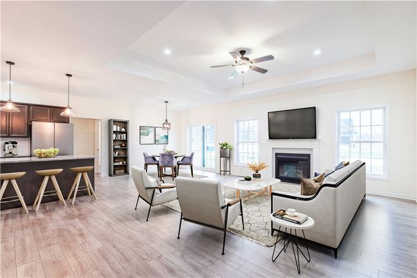 Dining room, Fireplace, Interior, Kitchen, Living room, Pendant Lights, Recessed Lighting, Wood Texture Flooring