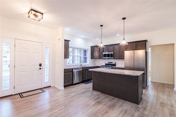 Interior, Kitchen, Pendant Lights, Recessed Lighting, Stainless Steel Appliances, Wood Texture Flooring