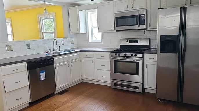 Interior, Kitchen, Pendant Lights, Stainless Steel Appliances, Wood Texture Flooring