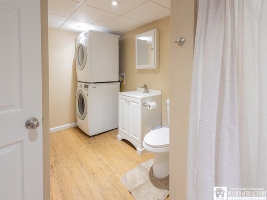 Bathroom, Interior, Recessed Lighting, Utility Closets, Washer, Wood Texture Flooring