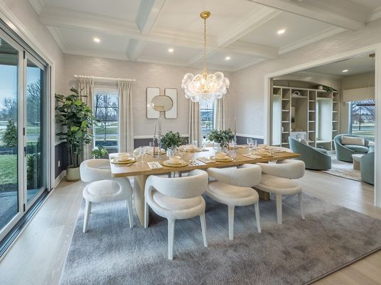 Chandelier, Dining room, Interior, Recessed Lighting, Wood Texture Flooring