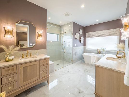 Bathroom, Dual Sink Vanities, Free Standing Baths, Glass Shower, Interior, Marble, Recessed Lighting