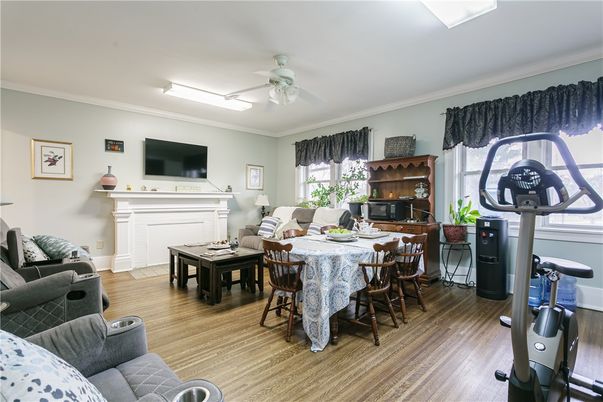 Dining room, Fireplace, Fitness Equipment, Interior, Living room, Wood Texture Flooring