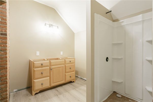 Bathroom, Interior, Stone Walls, Wood Texture Flooring