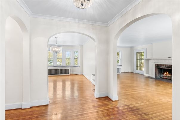 Chandelier, Empty room, Fireplace, Interior, Wood Texture Flooring