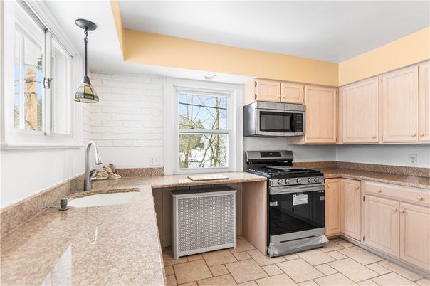 Interior, Kitchen, Pendant Lights, Stainless Steel Appliances, Stone Walls