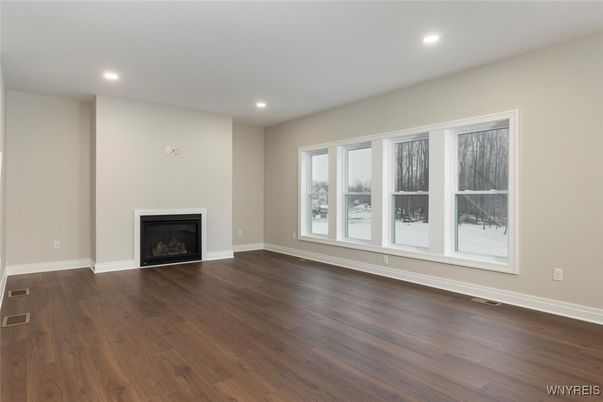Empty room, Fireplace, Interior, Recessed Lighting, Wood Texture Flooring