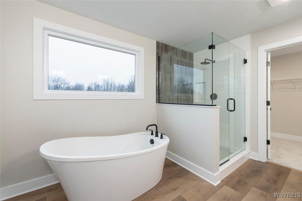Bathroom, Free Standing Baths, Glass Shower, Interior, Wood Texture Flooring