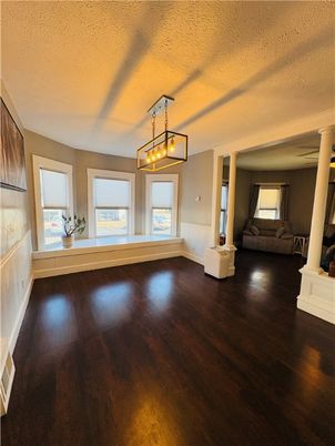 Empty room, Fireplace, Interior, Pendant Lights, Wood Texture Flooring