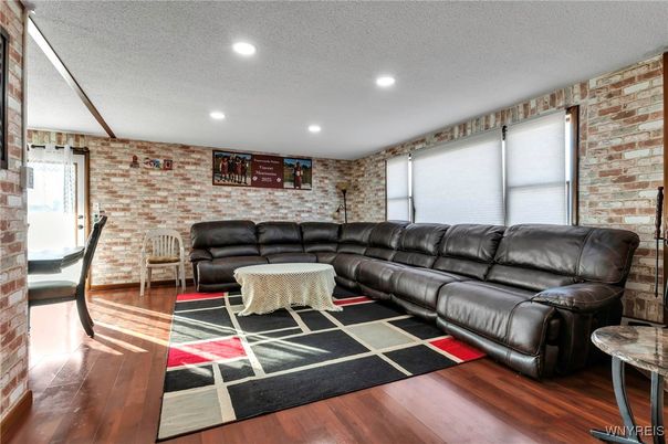 Interior, Living room, Recessed Lighting, Stone Walls, Wood Texture Flooring