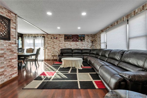 Interior, Living room, Recessed Lighting, Stone Walls, Wood Texture Flooring