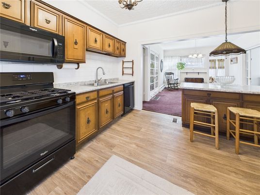 Interior, Kitchen, Pendant Lights, Stainless Steel Appliances, Wood Texture Flooring