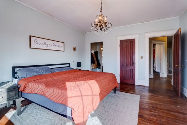 Bedroom, Chandelier, Interior, Wood Texture Flooring