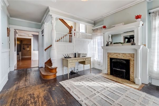 Fireplace, Home Office, Interior, Wood Texture Flooring